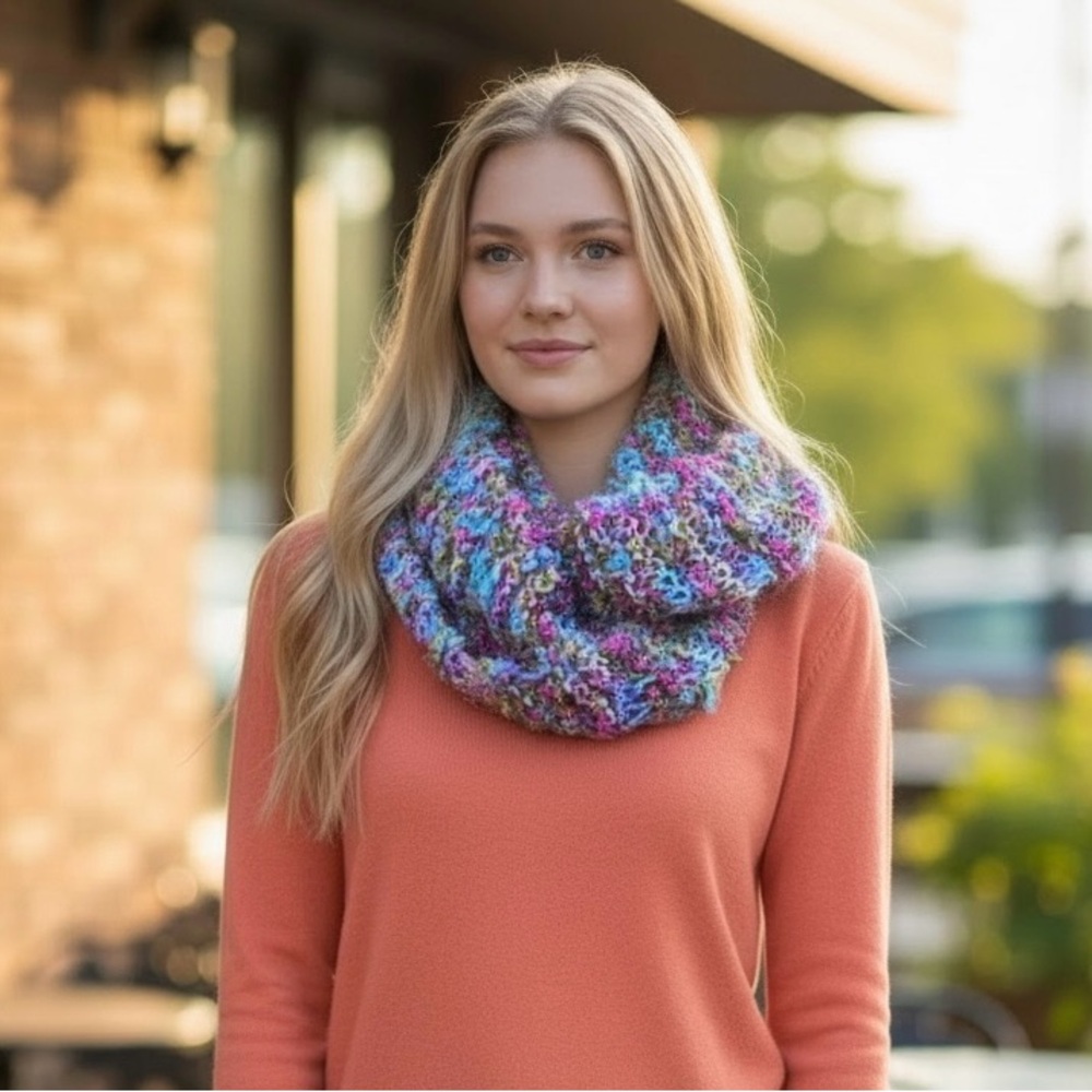 Scarf Infinity Hand Crafted Knit Multicolor Blue Purple Green R